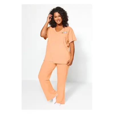 Trendyol Curve Salmon Printed Pocket Detailed Knitted Pajama Set