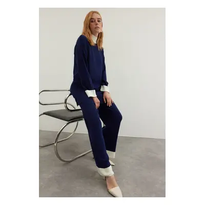 Trendyol Navy Blue Stand Collar Color Block Corded Sweater-Pants Knitwear Suit