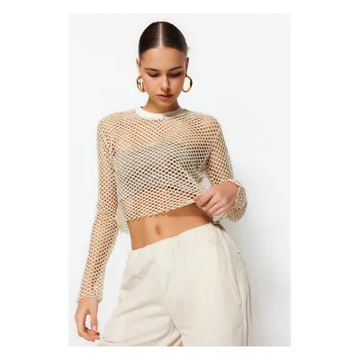 Trendyol Beige Lurex Mesh Relaxed Cut Crew Neck Crop Knitted Blouse