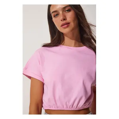 Happiness İstanbul Women's Pink Elastic Waist Crop T-Shirt