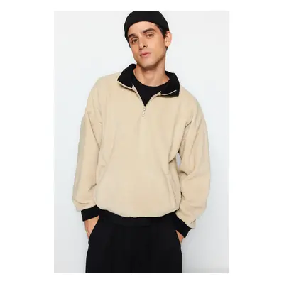 Trendyol Beige Oversize/Wide Cut Half Zipper Stand Collar Anti-pilling Fleece Sweatshirt