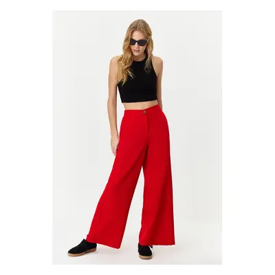 Trendyol Red Wide Leg/Wide Leg Side Buttoned Woven Fabric Trousers