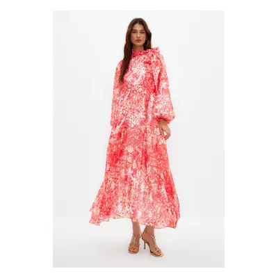 Trendyol Red Floral Patterned Lined Long Chiffon Evening Dress