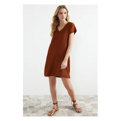 Trendyol Tile Wrap/Textured V-Neck Shift/Plain Knitted Mini Dress