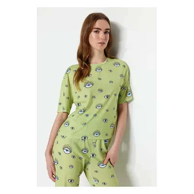 Trendyol Green Eye Patterned T-shirt-Pants Knitted Pajama Set