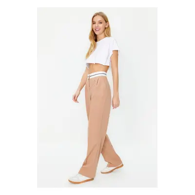 Trendyol Beige Wide Leg High Waist Belt Detail Woven Trousers