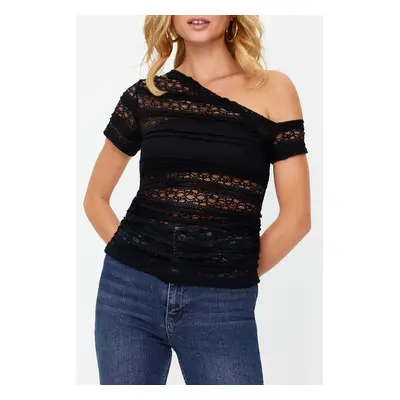 Trendyol Black Lace Asymmetric Neck Fitted/Situated Knitted Blouse