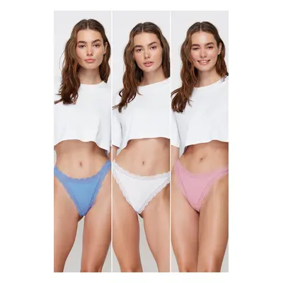 Trendyol White-Pink-Blue 3-Pack 100% Cotton Ribbed Lace Detailed String Knitted Panties