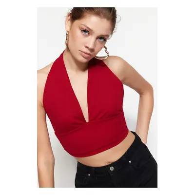 Trendyol vínová pletená crop top halenka s halter výstřihem