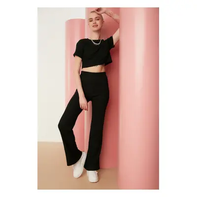 Trendyol Black Crop Crew Neck Ribbed Stretchy Knitted Blouse and Pants Top and Bottom Set