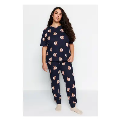 Trendyol Curve Navy Blue Teddy Bear Patterned Knitted Pajama Set