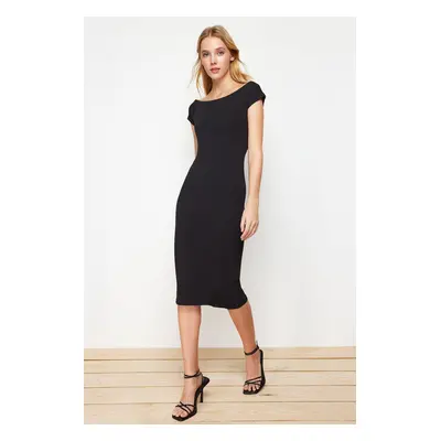 Trendyol Black Boat Neck Fitted Cotton Stretchy Knitted Midi Pencil Dress