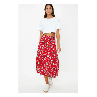 Trendyol Red Floral Pattern Viscose Fabric Midi Woven Skirt