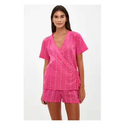 Trendyol Fuchsia Striped 100% Cotton Viscose Wide Pattern Shirt-Shorts Woven Pajama Set