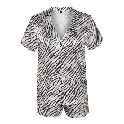 Trendyol Mink-Black Zebra Patterned Satin Shirt-Shorts Woven Pajama Set