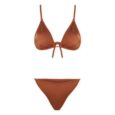 Trendyol Brown Triangle Brazilian 3-Piece Bikini Set