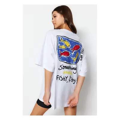 Trendyol White 100% Cotton Printed Oversized/Wide Fit Crew Neck Knitted T-Shirt