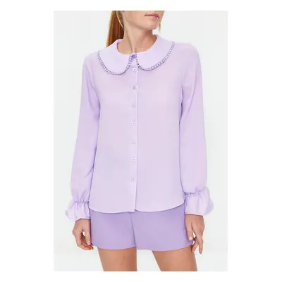 Trendyol Lilac Baby Collar Pompom Detailed Regular Normal Fit Woven Shirt