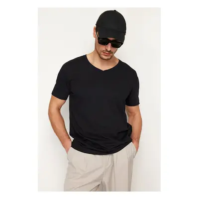 Trendyol Black Regular/Normal Cut V-Neck Basic 100% Cotton T-Shirt