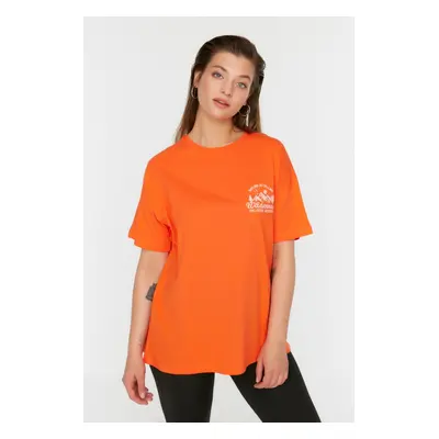 Trendyol Curve Orange Printed 100% Cotton Knitted T-Shirt