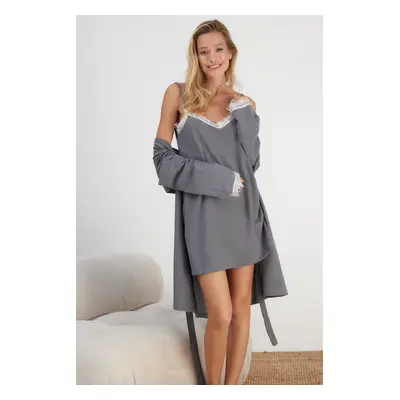 Trendyol Gray Belted 2-Pack Lace Detailed Knitted Dressing Gown-Nightgown