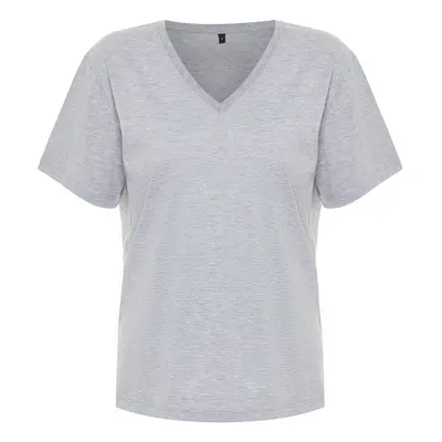 Trendyol Gray Melange Oversize V-Neck Knitted T-Shirt