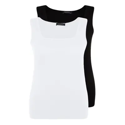 Trendyol Curve Black and White Basic Ribbed 2-Pack Square Neck Knitted Plus Size Undershirt