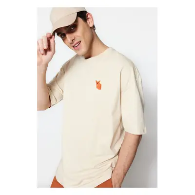 Trendyol Beige Oversize Crew Neck Krátký rukáv Fox Vyšívané tričko ze 100% bavlny