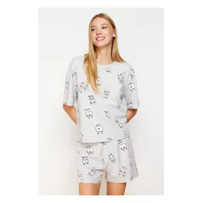 Trendyol Grey 100% Cotton Fun Patterned Knitted Pajama Set