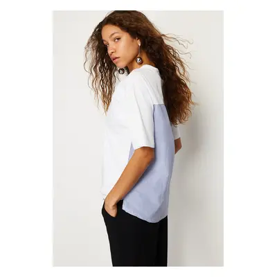 Trendyol White Striped Poplin Detail Oversize/Wide Fit Knitted T-Shirt