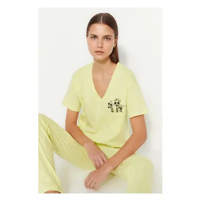 Trendyol Yellow 100% Cotton Printed Pocket Detailed Wide Cut T-shirt Knitted Pajama Set with Pan