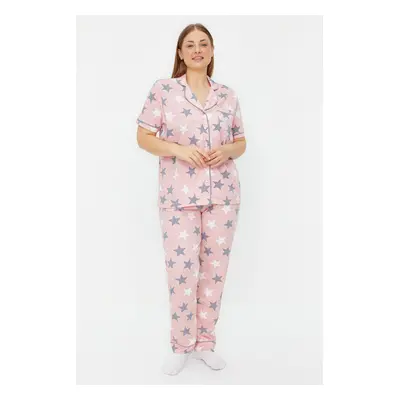 Trendyol Curve Powder Star Pattern Shirt Collar Knitted Pajamas Set