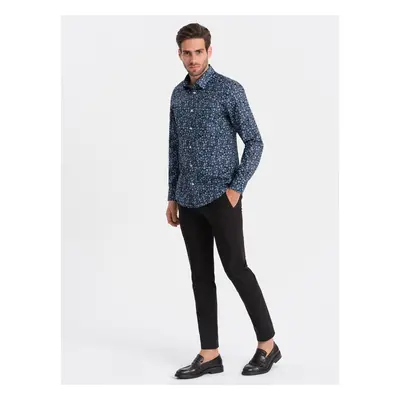 Ombre Men's SLIM FIT patterned cotton shirt - dark blue