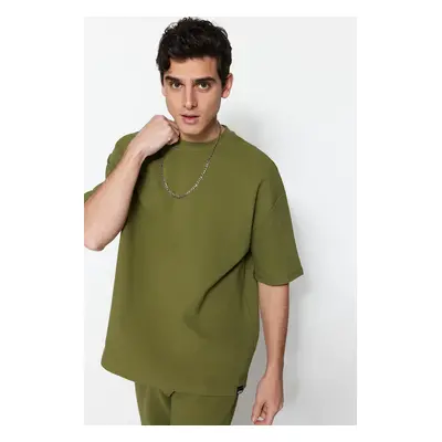 Trendyol Limitovaná edice Khaki Oversize 100% bavlna označená texturou Basic Thick T-Shirt