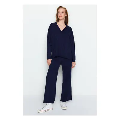 Trendyol Navy Blue Wide Pattern Knitwear Bottom-Top Set