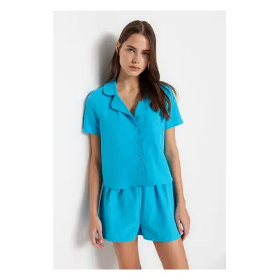 Trendyol Blue Terrycotton Shirt-Shorts Woven Pajama Set