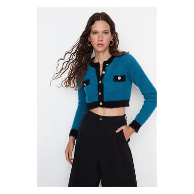 Trendyol Blue Super Crop Pile Knitwear Cardigan