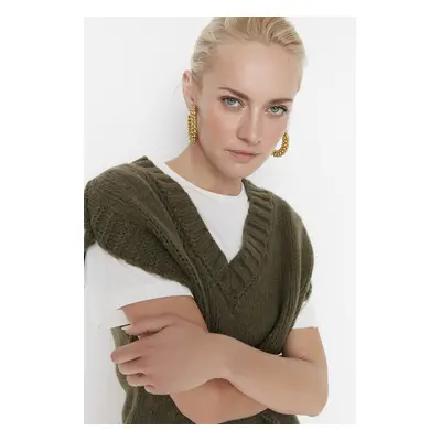 Trendyol Khaki Crop Měkký texturovaný pletený svetr barevným blokem