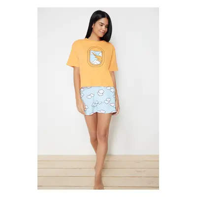 Trendyol Orange 100% Cotton Cloud Patterned Tshirt-Shorts Knitted Pajama Set