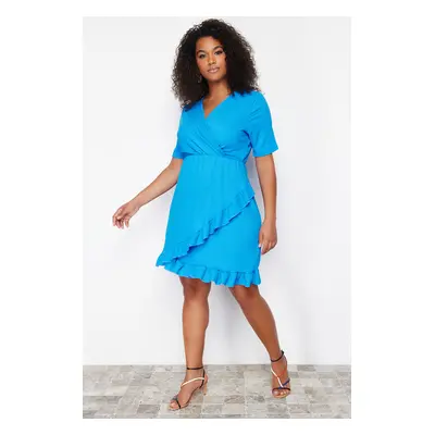 Trendyol Curve Blue Double Breasted V Neck Flounce Mini Knitted Plus Size Dress