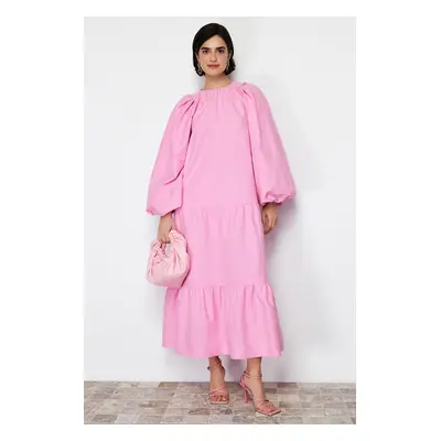 Trendyol Pink Balloon Sleeve Skirt Layered Cotton Woven Dress