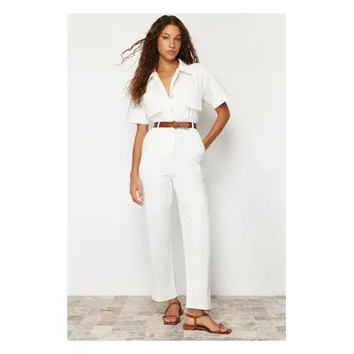 Trendyol White Short Sleeve Belted Denim Jumpsuit