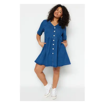 Trendyol Curve Blue Open Waist/Skater V-Neck Denim Dress