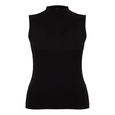 Trendyol Curve Black Zippered 100% Cotton Ribbed Camisole Knit Plus Size Blouse