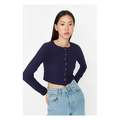 Trendyol Navy Blue Button Detailed Crop Crew Neck Ribbed Stretch Knitted Blouse