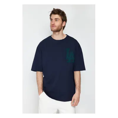 Trendyol Navy Blue Oversize Suzene City Embroidered 100% Cotton T-Shirt