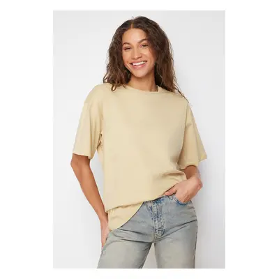 Trendyol Dark Beige 100% Cotton Crew Neck Oversize/Wide Pattern Knitted T-Shirt