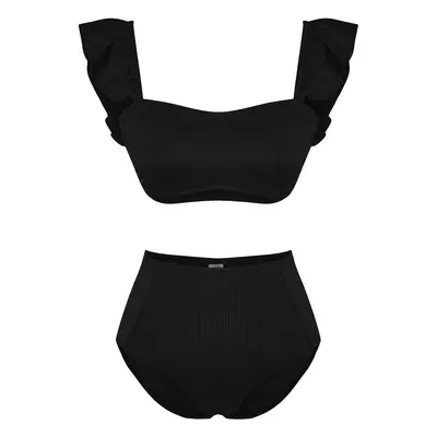 Trendyol Černá Podprsenka Volánky Texturovaný Vysoký Pas Hipster Bikini Set