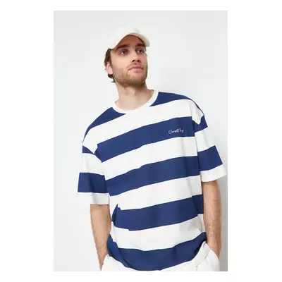 Trendyol Navy Blue Oversize Text Embroidered Striped 100% Cotton T-Shirt