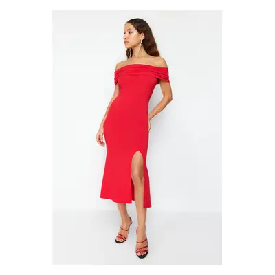 Trendyol Red Fitted Knitted Elegant Evening Dress